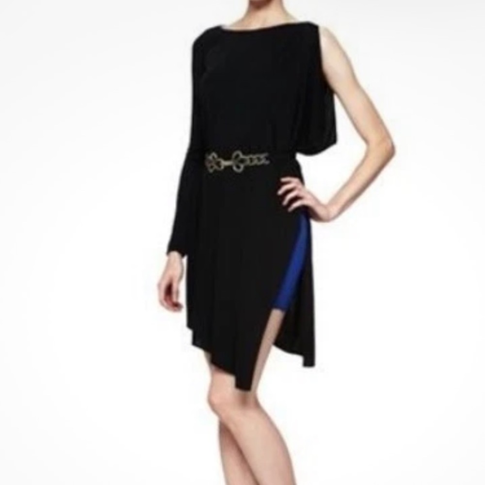 BCBGMaxAzria Black blue Combo Draped one Sleeve Belted Side Slit Jersey dress S